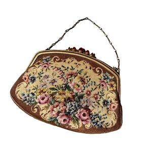 Vintage Needlepoint gold floral evening clutch purse made in Austria
